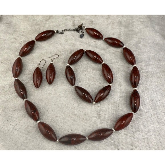 GSJ Red Jasper Gemstone Necklace Earrings Bracelet Set 19